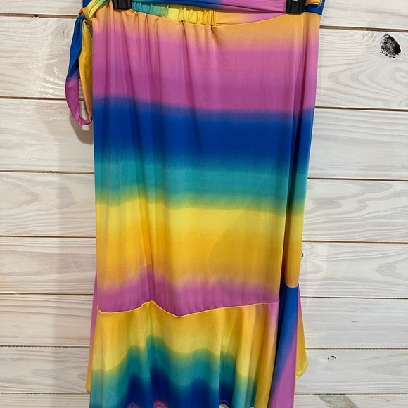 LuLaRoe Midi Wrap Skirt in Yellow and Purple with Ruffled Asymmetrical Hem - Picture 3 of 4